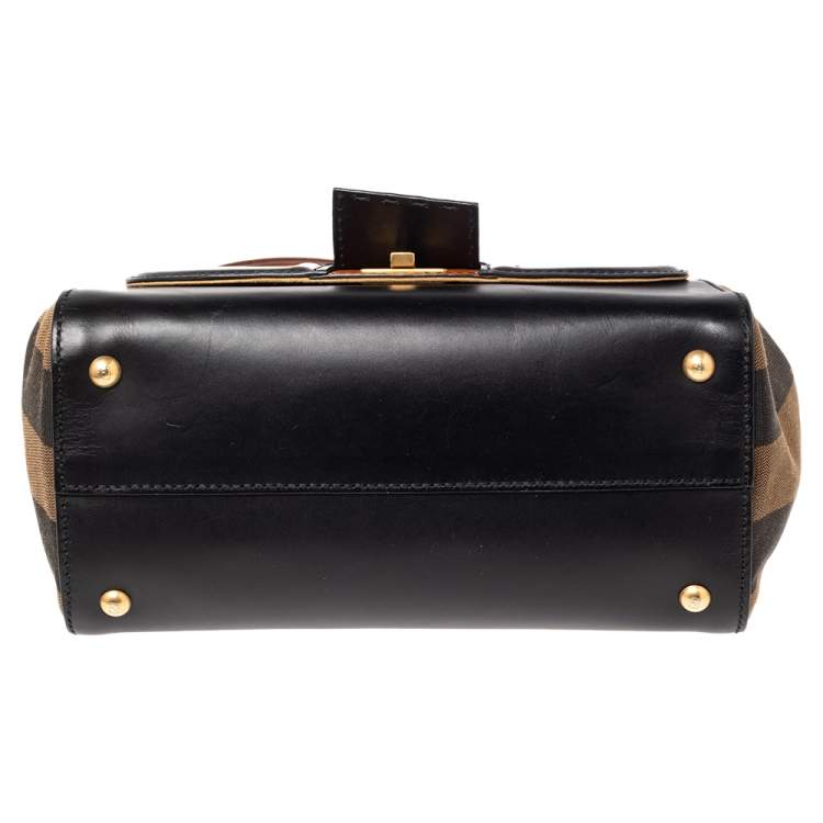 Pre Owned Fendi Black/Tobacco Penguin Stripe Canvas and Leather Silvana Top Handle Bag