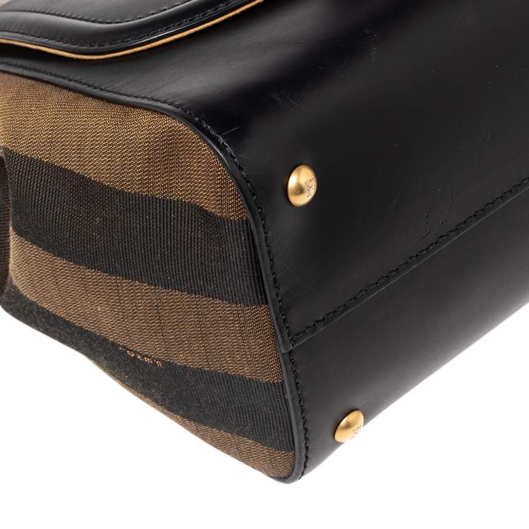 Pre Owned Fendi Black/Tobacco Penguin Stripe Canvas and Leather Silvana Top Handle Bag