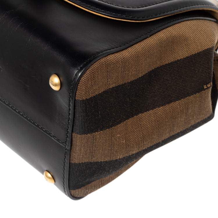 Pre Owned Fendi Black/Tobacco Penguin Stripe Canvas and Leather Silvana Top Handle Bag