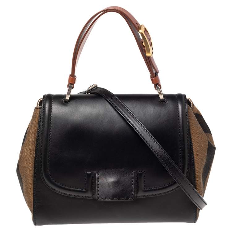Pre Owned Fendi Black/Tobacco Penguin Stripe Canvas and Leather Silvana Top Handle Bag