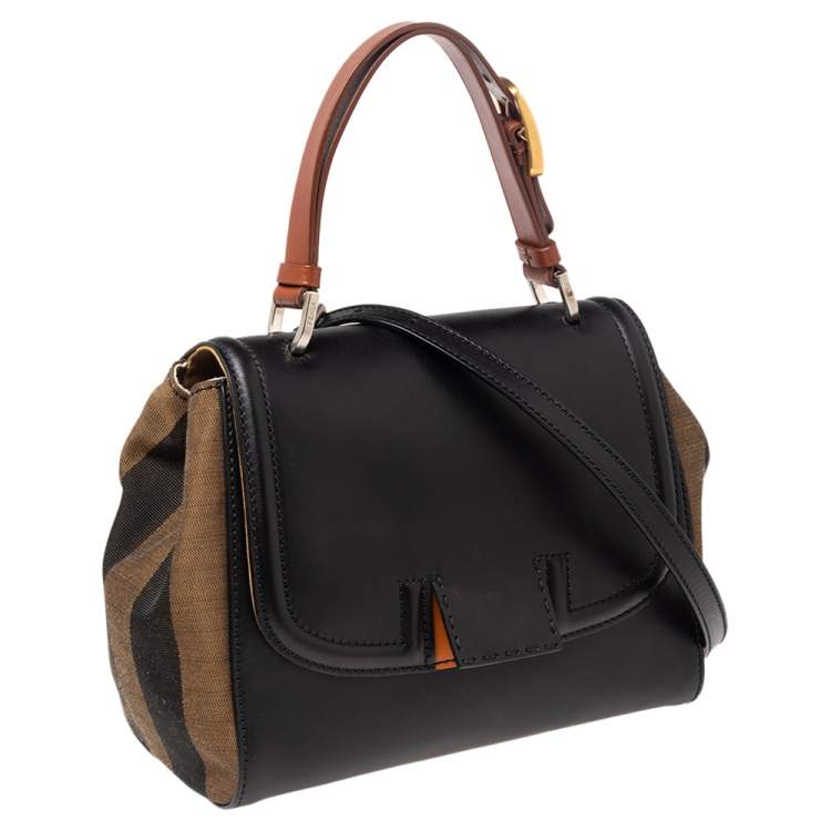 Pre Owned Fendi Black/Tobacco Penguin Stripe Canvas and Leather Silvana Top Handle Bag