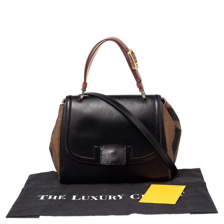 Pre Owned Fendi Black/Tobacco Penguin Stripe Canvas and Leather Silvana Top Handle Bag