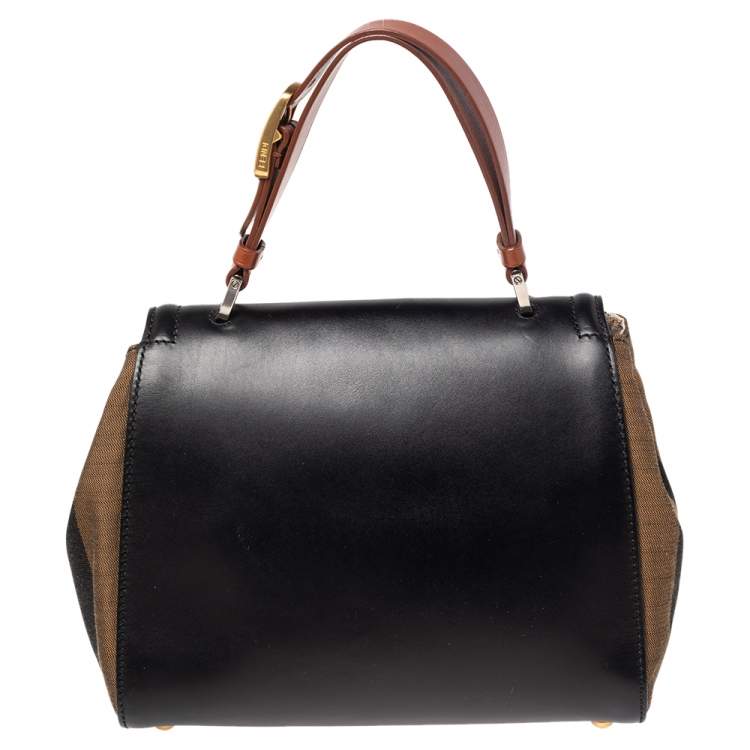 Pre Owned Fendi Black/Tobacco Penguin Stripe Canvas and Leather Silvana Top Handle Bag