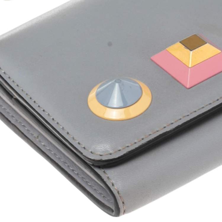 Pre Owned Fendi Grey Leather Studded Flap Wallet On Chain