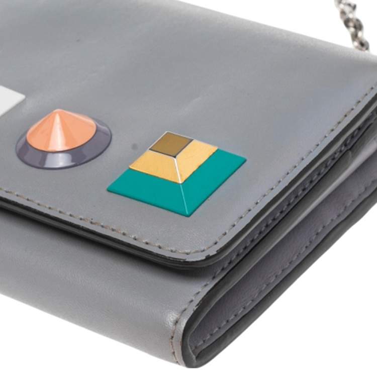 Pre Owned Fendi Grey Leather Studded Flap Wallet On Chain