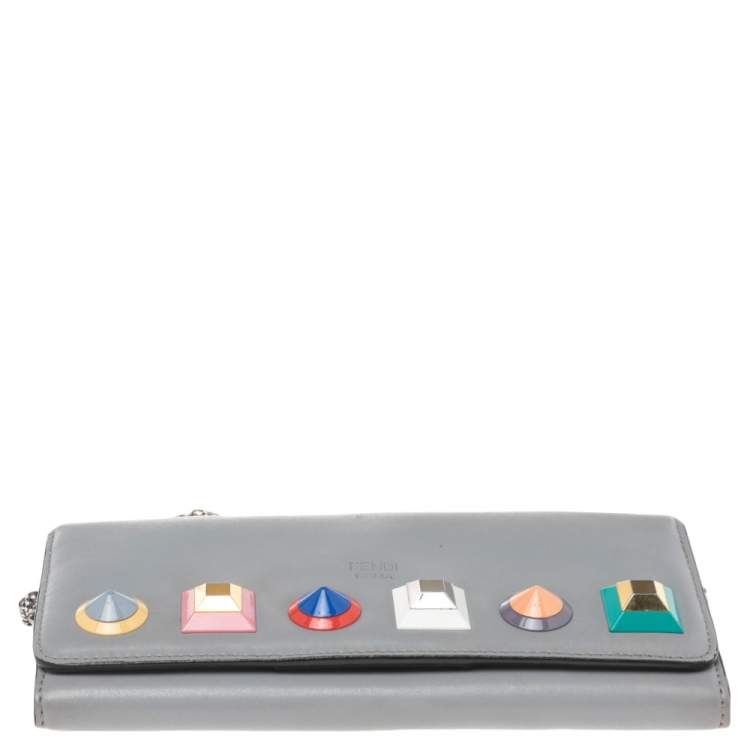 Pre Owned Fendi Grey Leather Studded Flap Wallet On Chain