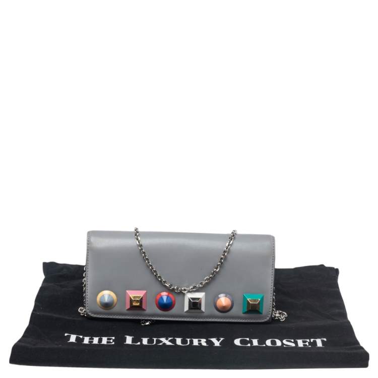 Pre Owned Fendi Grey Leather Studded Flap Wallet On Chain