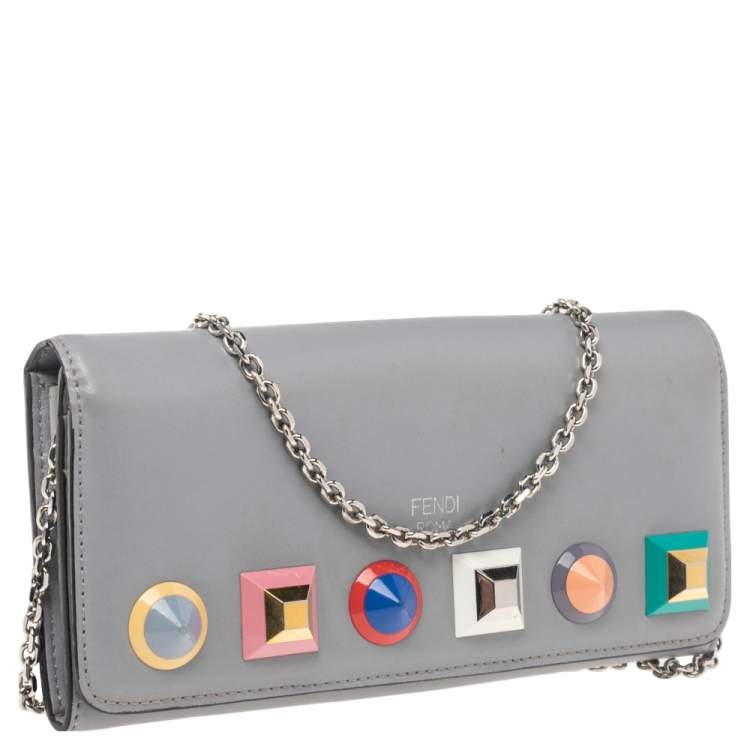 Pre Owned Fendi Grey Leather Studded Flap Wallet On Chain