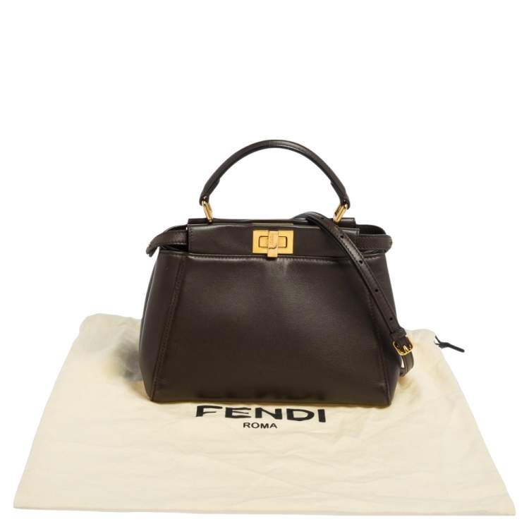 Pre Owned Fendi Dark Beige Leather Mini Peekaboo Top Handle Bag
