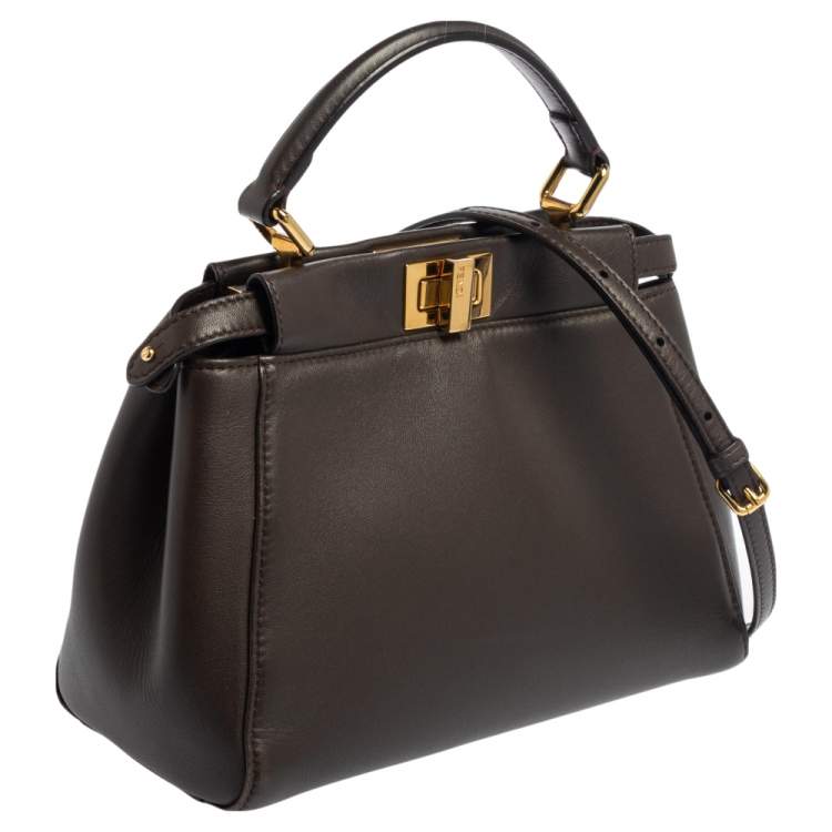 Pre Owned Fendi Dark Beige Leather Mini Peekaboo Top Handle Bag