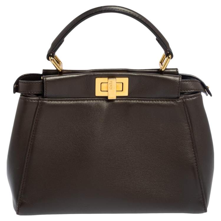 Pre Owned Fendi Dark Beige Leather Mini Peekaboo Top Handle Bag