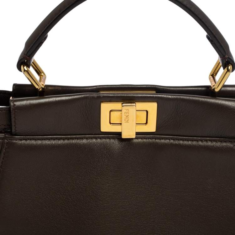 Pre Owned Fendi Dark Beige Leather Mini Peekaboo Top Handle Bag