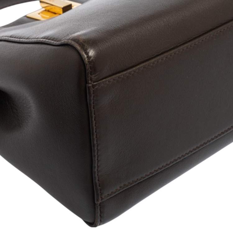 Pre Owned Fendi Dark Beige Leather Mini Peekaboo Top Handle Bag
