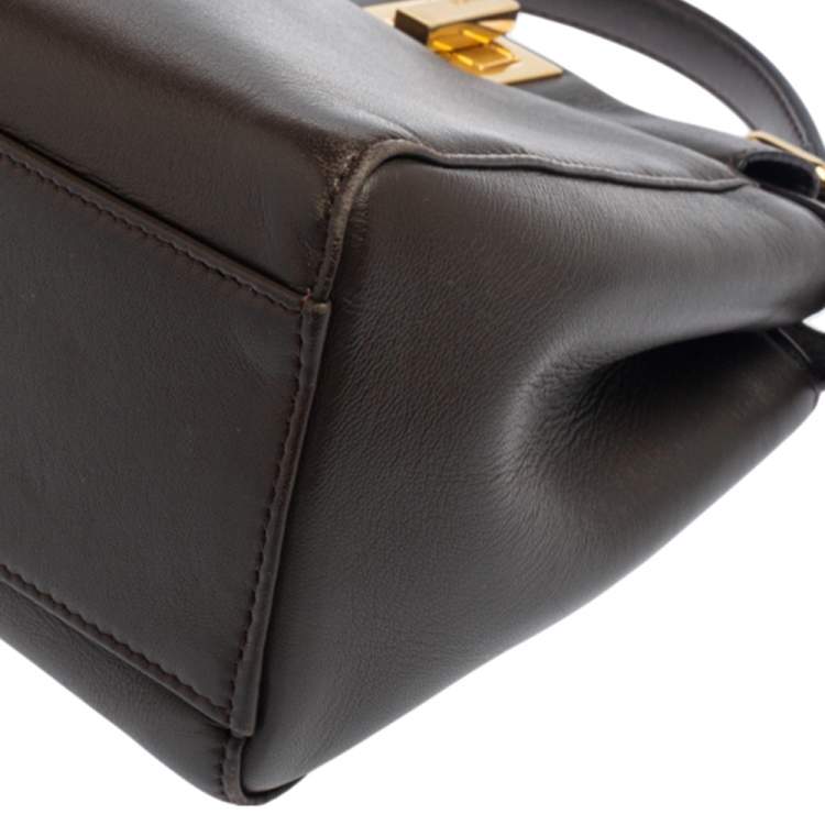 Pre Owned Fendi Dark Beige Leather Mini Peekaboo Top Handle Bag