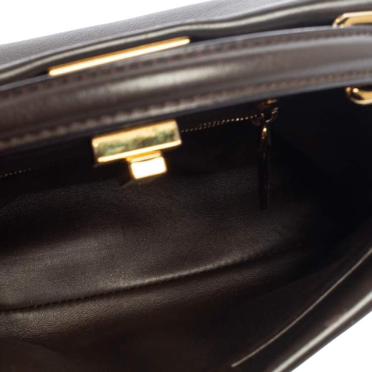 Pre Owned Fendi Dark Beige Leather Mini Peekaboo Top Handle Bag