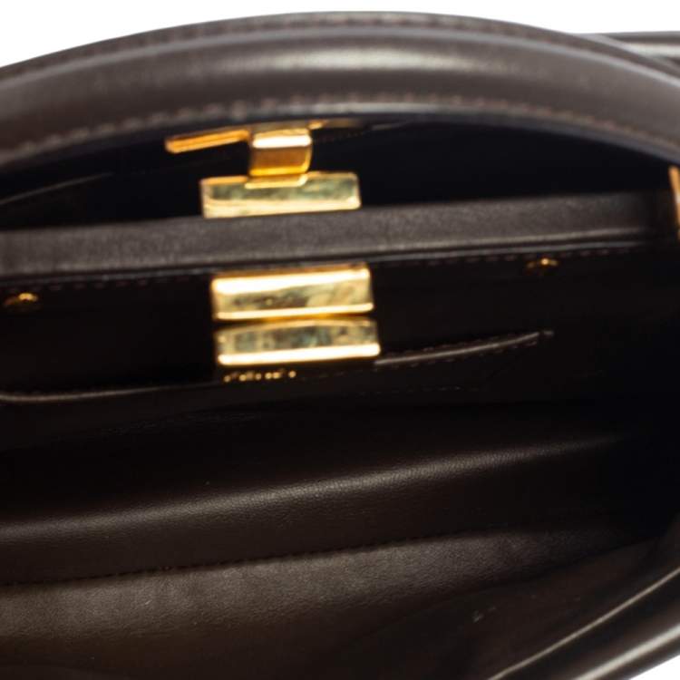 Pre Owned Fendi Dark Beige Leather Mini Peekaboo Top Handle Bag
