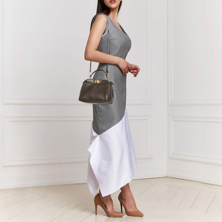 Pre Owned Fendi Dark Beige Leather Mini Peekaboo Top Handle Bag