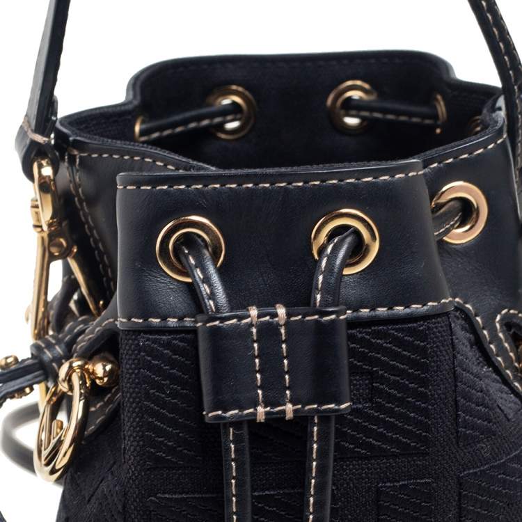 Pre Owned Fendi Black FF Embroidered Canvas and Leather Mini Mon Tresor Drawstring Bucket Bag
