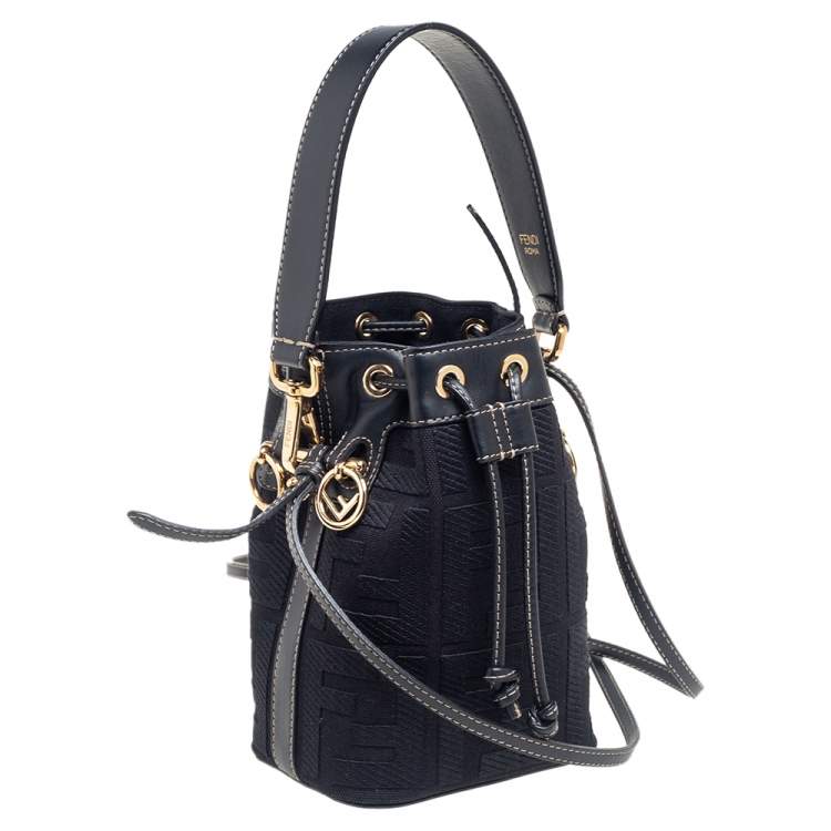 Pre Owned Fendi Black FF Embroidered Canvas and Leather Mini Mon Tresor Drawstring Bucket Bag