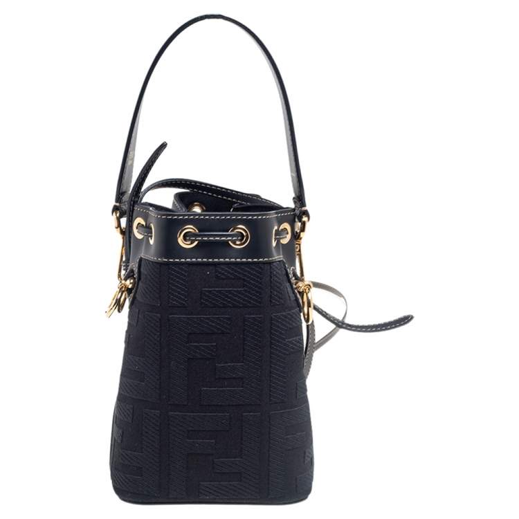 Pre Owned Fendi Black FF Embroidered Canvas and Leather Mini Mon Tresor Drawstring Bucket Bag