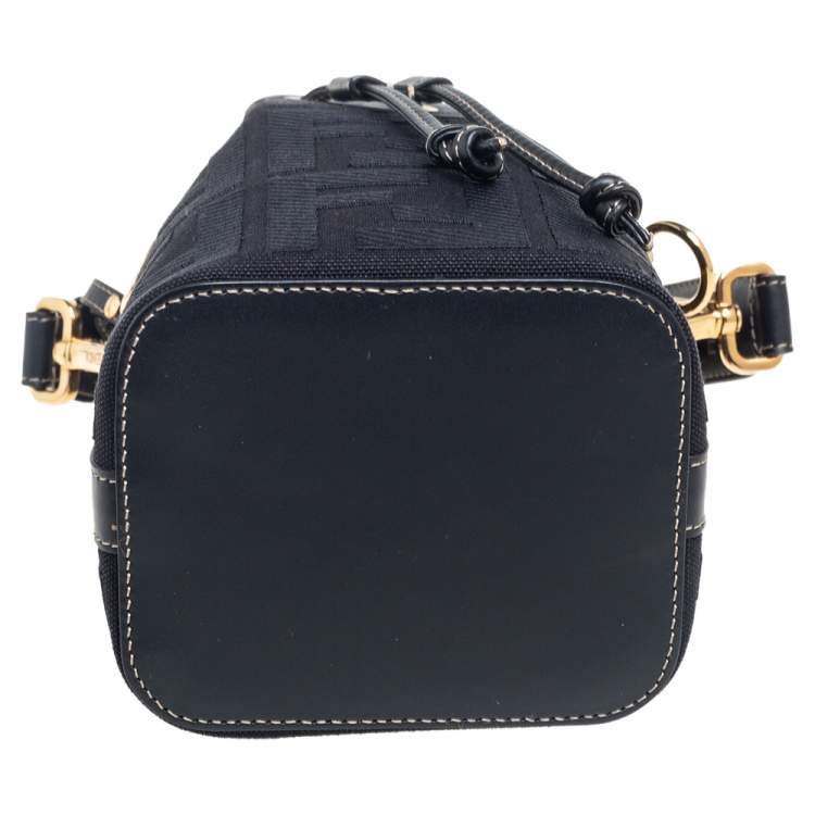 Pre Owned Fendi Black FF Embroidered Canvas and Leather Mini Mon Tresor Drawstring Bucket Bag