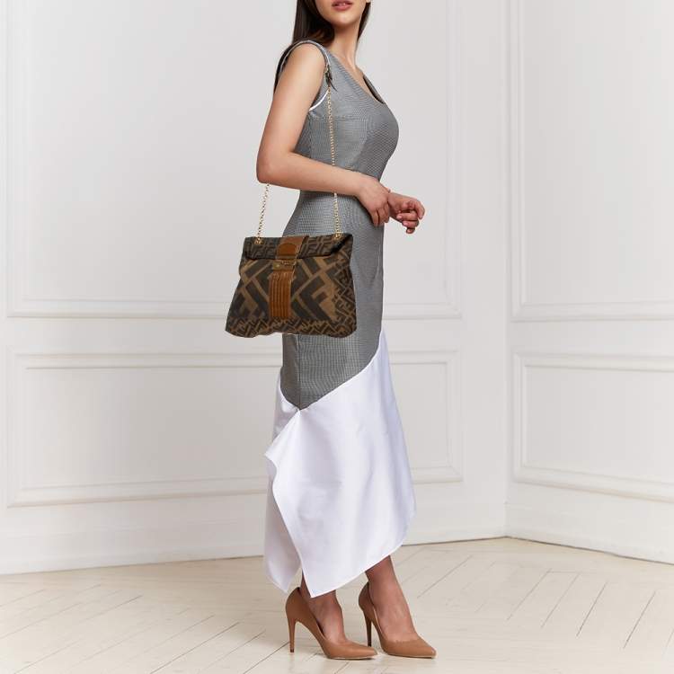 Pre Owned Fendi Tobacco Zucca Canvas And Leather Maxi Baguette Flap Shoulder Bag