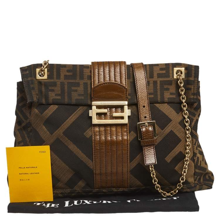 Pre Owned Fendi Tobacco Zucca Canvas And Leather Maxi Baguette Flap Shoulder Bag