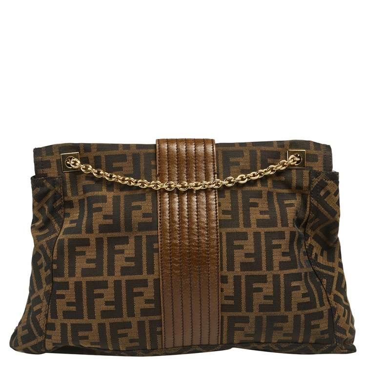 Pre Owned Fendi Tobacco Zucca Canvas And Leather Maxi Baguette Flap Shoulder Bag