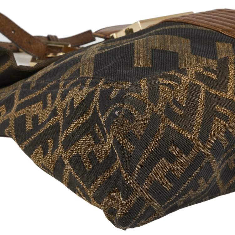Pre Owned Fendi Tobacco Zucca Canvas And Leather Maxi Baguette Flap Shoulder Bag