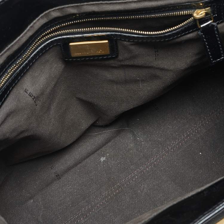 Pre Owned Fendi Black Canvas and Patent Leather Studded Medium Chef De Jour Bag