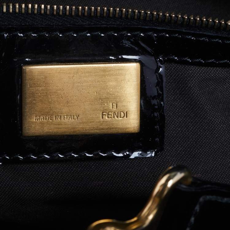 Pre Owned Fendi Black Canvas and Patent Leather Studded Medium Chef De Jour Bag