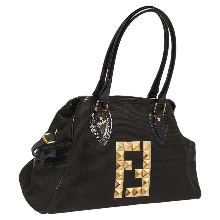 Pre Owned Fendi Black Canvas and Patent Leather Studded Medium Chef De Jour Bag