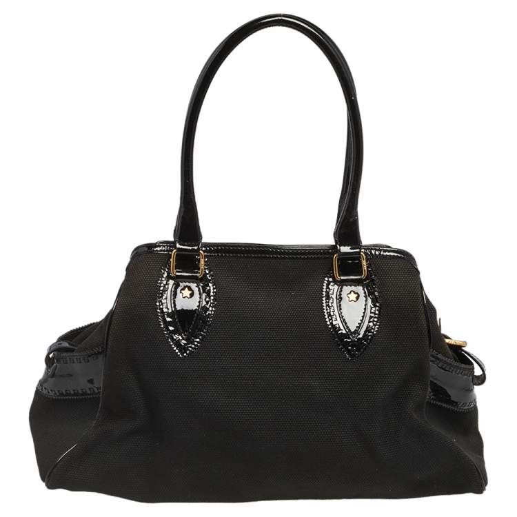 Pre Owned Fendi Black Canvas and Patent Leather Studded Medium Chef De Jour Bag