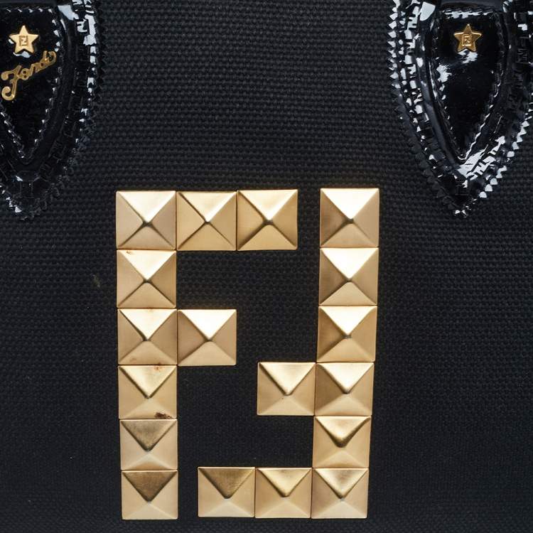 Pre Owned Fendi Black Canvas and Patent Leather Studded Medium Chef De Jour Bag