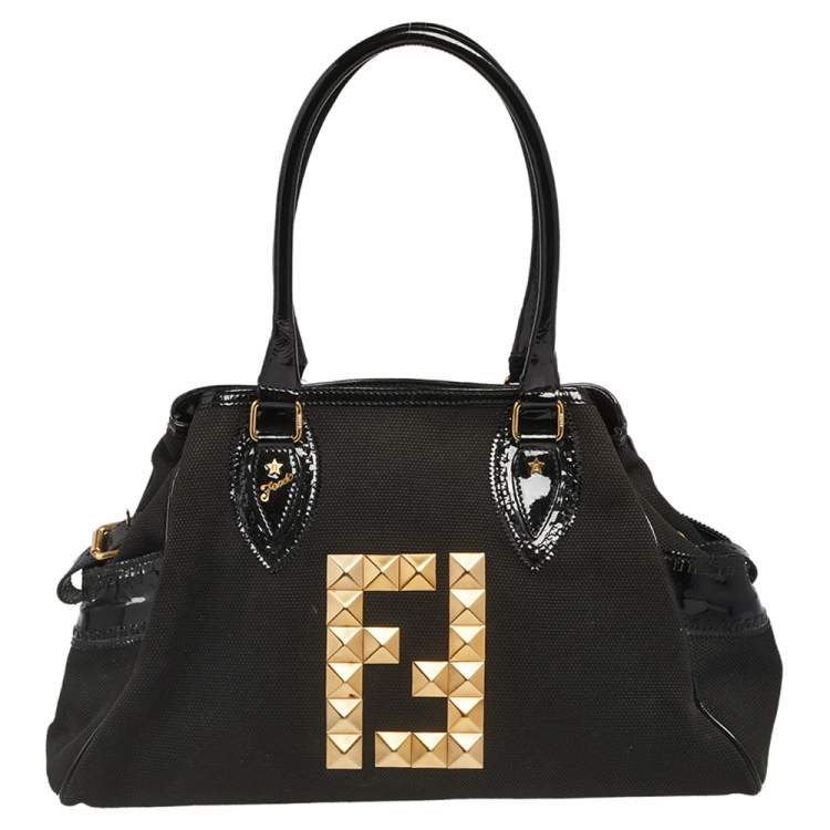 Pre Owned Fendi Black Canvas and Patent Leather Studded Medium Chef De Jour Bag