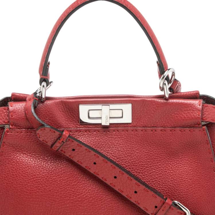 Pre Owned Fendi Red Leather Medium Selleria Peekaboo Top Handle Bag