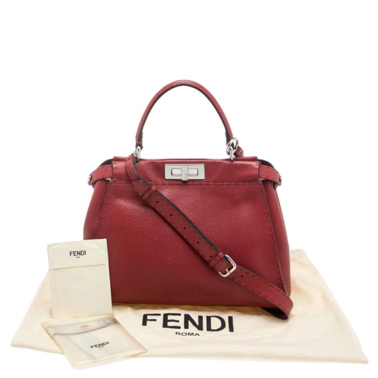 Pre Owned Fendi Red Leather Medium Selleria Peekaboo Top Handle Bag
