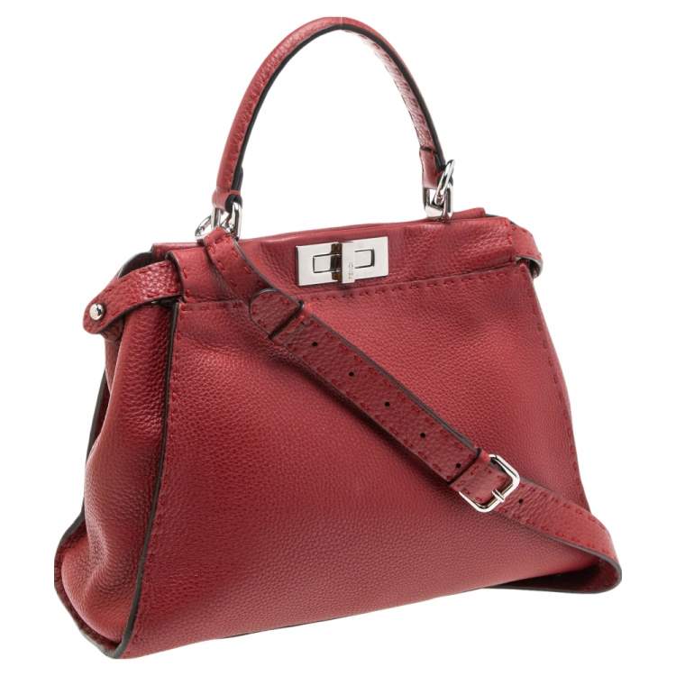 Pre Owned Fendi Red Leather Medium Selleria Peekaboo Top Handle Bag