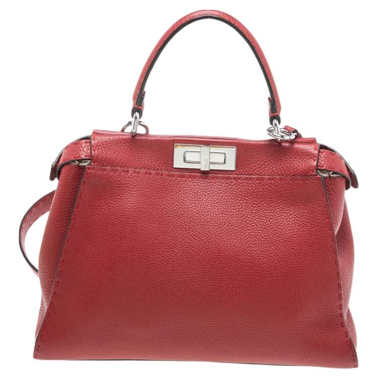 Pre Owned Fendi Red Leather Medium Selleria Peekaboo Top Handle Bag