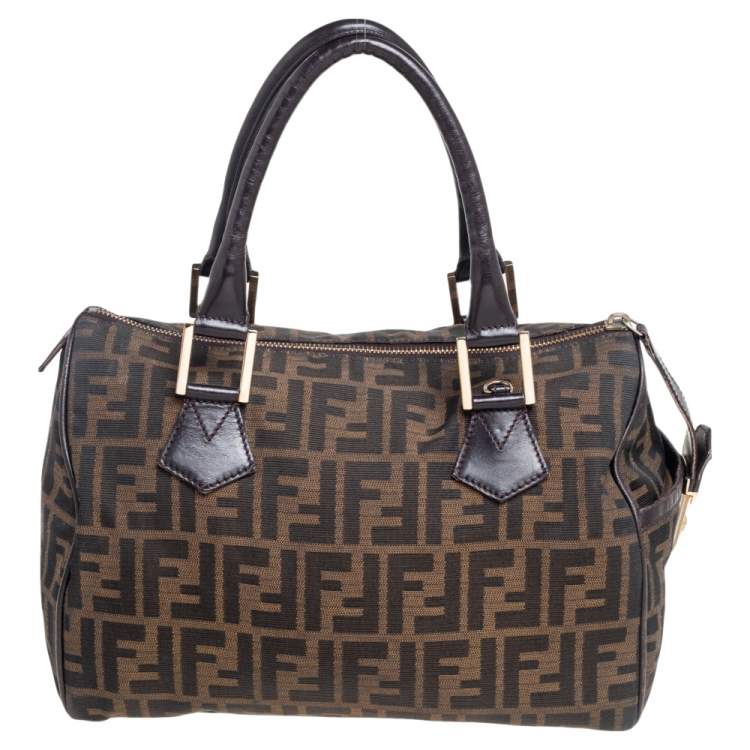 Pre Owned Fendi Tobacco Zucca Canvas and Leather Boston Bag