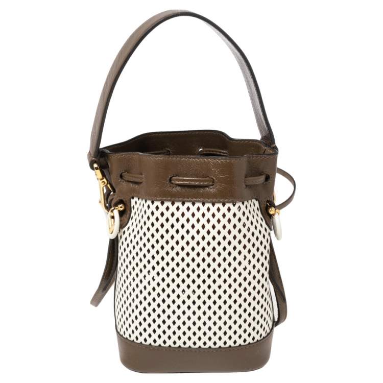 Pre Owned Fendi Khaki Green/White Perforated Leather Mini Mon Tresor Drawstring Bucket Bag