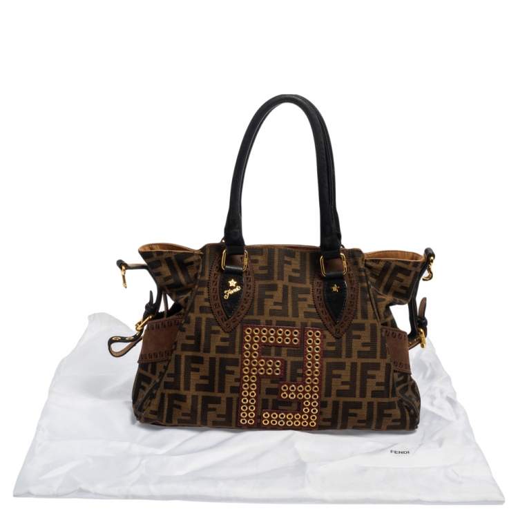 مملوكة مسبقًا Fendi Brown/Black Zucca Canvas and Suede Small Studded Chef De Jour Satchel