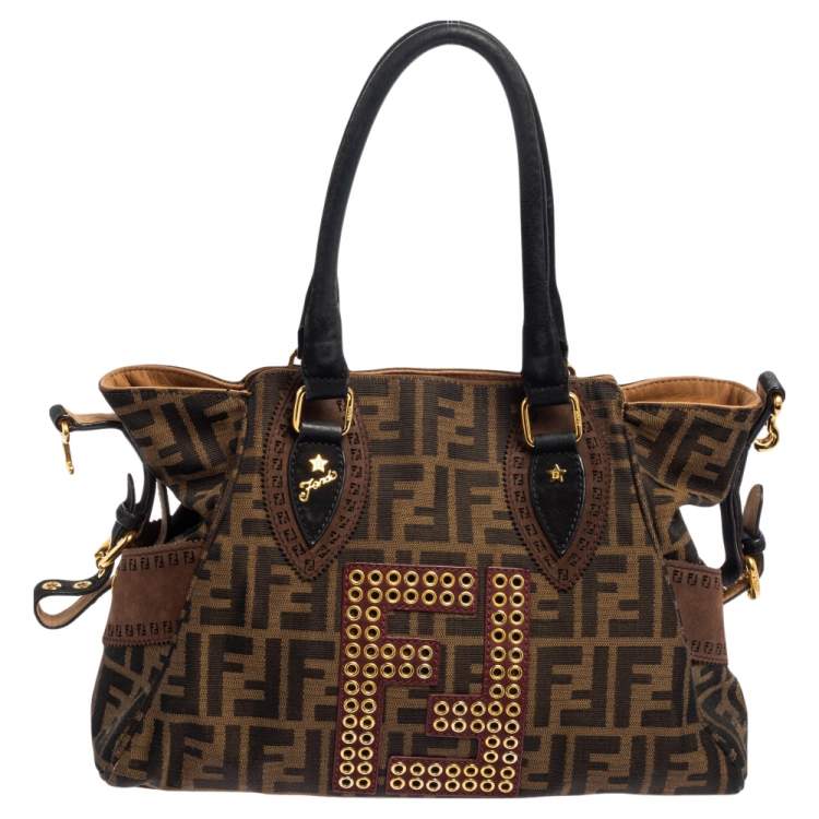 مملوكة مسبقًا Fendi Brown/Black Zucca Canvas and Suede Small Studded Chef De Jour Satchel