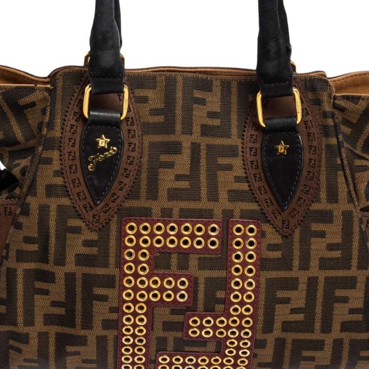 مملوكة مسبقًا Fendi Brown/Black Zucca Canvas and Suede Small Studded Chef De Jour Satchel