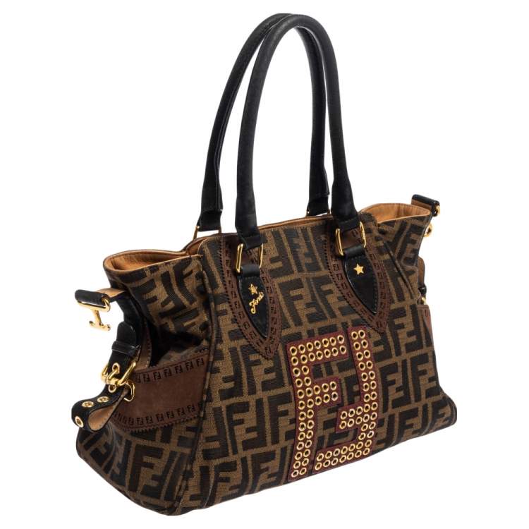 مملوكة مسبقًا Fendi Brown/Black Zucca Canvas and Suede Small Studded Chef De Jour Satchel