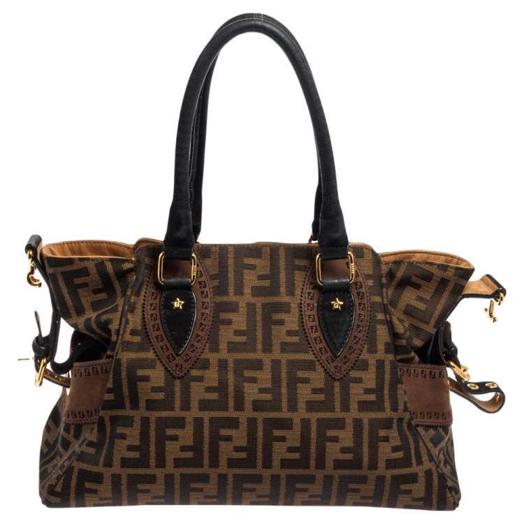 مملوكة مسبقًا Fendi Brown/Black Zucca Canvas and Suede Small Studded Chef De Jour Satchel