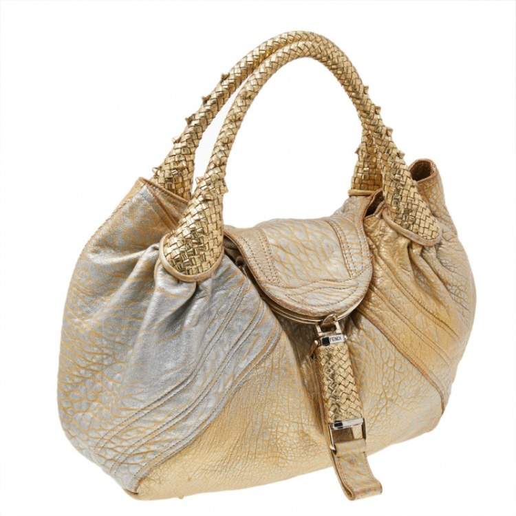 Pre Owned Fendi Metallic Gold Leather Holographic Textured Spy Hobo