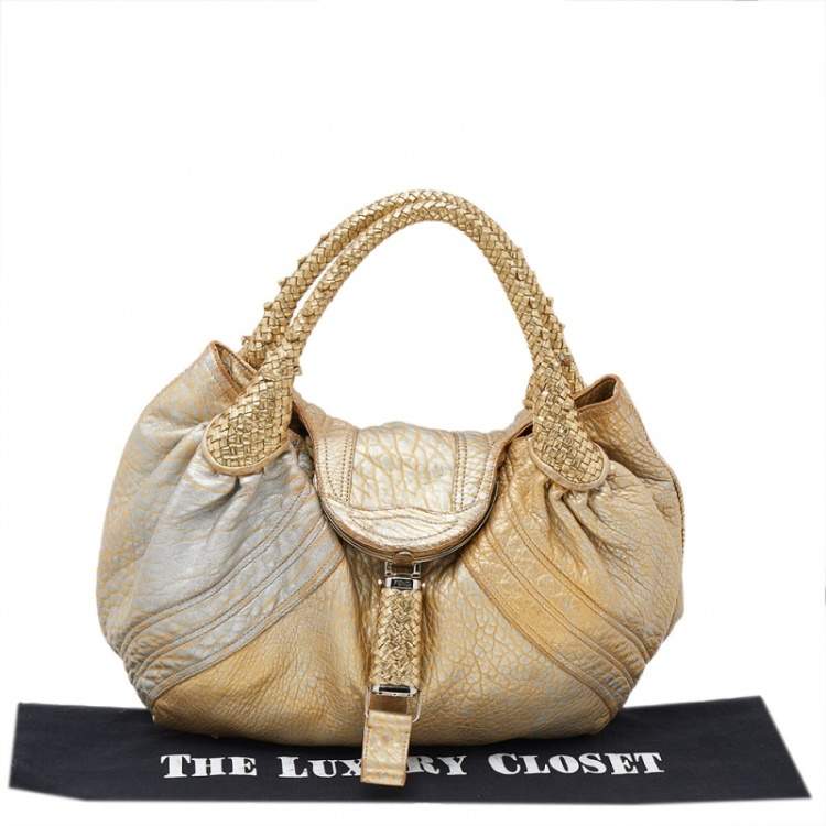 Pre Owned Fendi Metallic Gold Leather Holographic Textured Spy Hobo