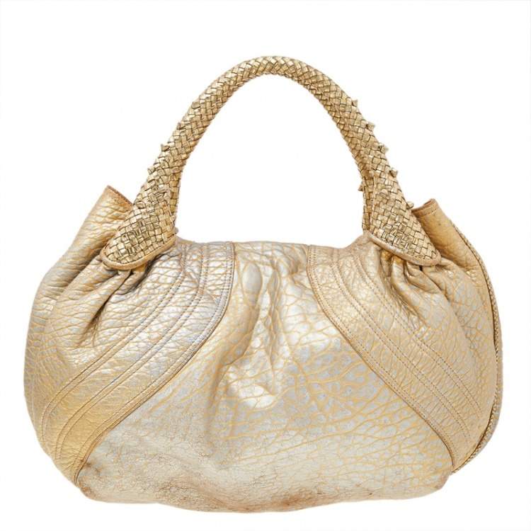 Pre Owned Fendi Metallic Gold Leather Holographic Textured Spy Hobo