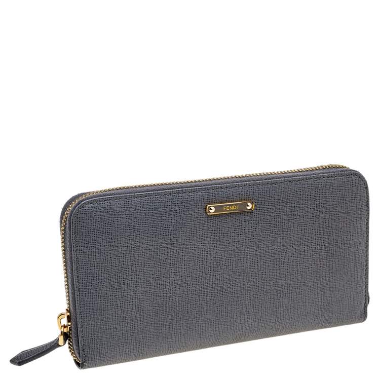 Pre Owned Fendi Grey Leather Zip Around Continental Wallet